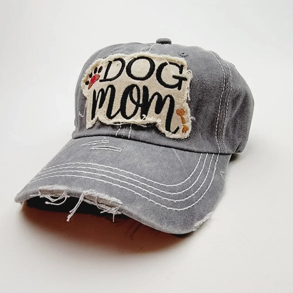 Dog Mom Distressed Relaxed Cotton Buckle Strap Full Cover Baseball Hat Cap Gray